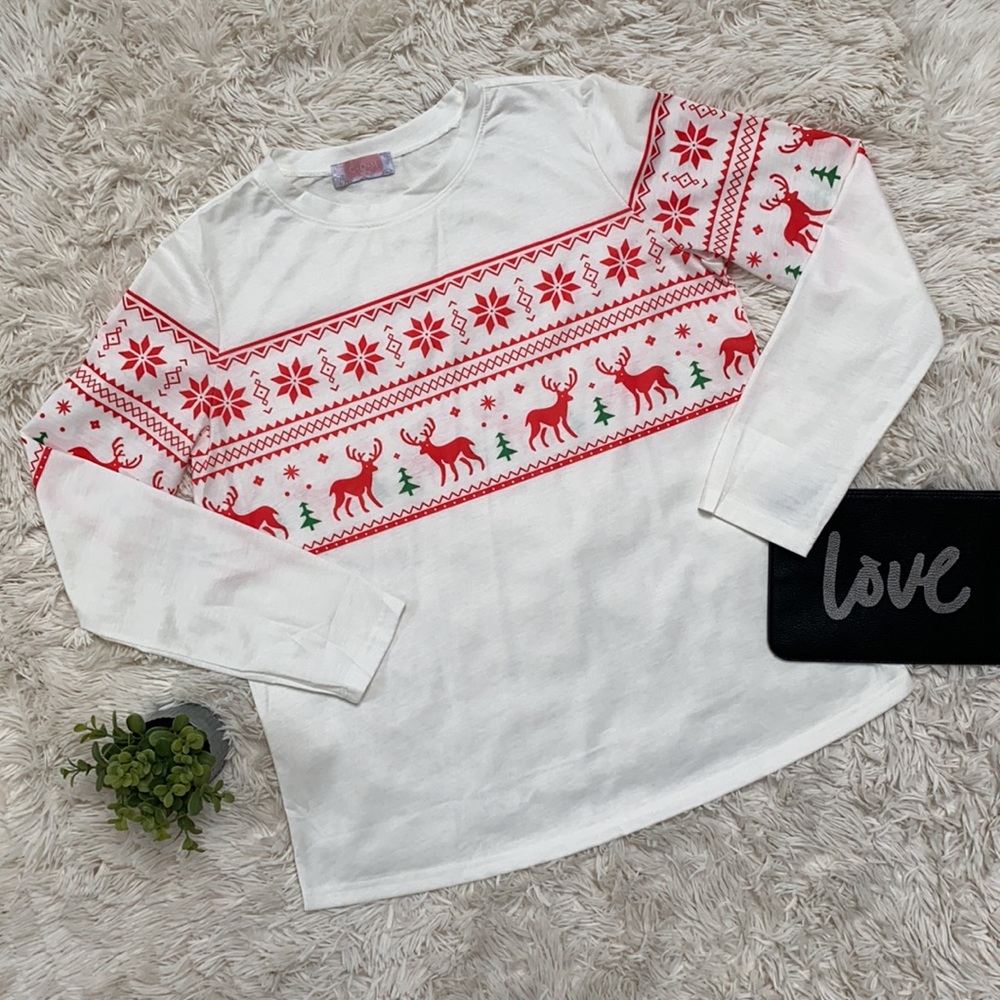 🎉2X HP🎉 C+D+M Fair Isle Reindeer LS Tee 💗 White Red Green